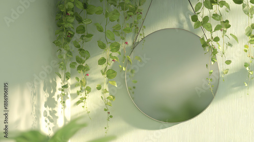 Hanging mirror with green vines