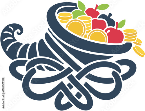 Abundance cornucopia with fruits coins.