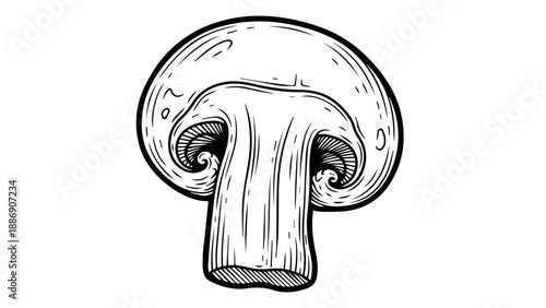 High-contrast black-and-white line drawing of a single mushroom with a broad, rounded cap and intricate spiral patterns on the stem