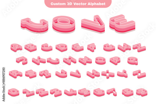 Custom 3d vector alphabet with pink layered letters in isometric perspective demonstrating uppercase and lowercase characters in playful and colorful style on white background