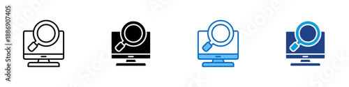 Monitoring Multiple Style Icon Design Vector - Computer display with magnifying glass, representing monitoring, system observation, and performance tracking