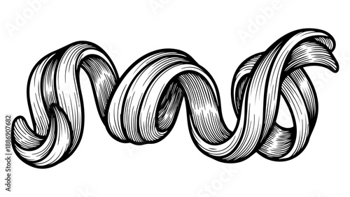 High-contrast black and white illustration of a dynamic ribbon-like form with intricate loops and flowing curves