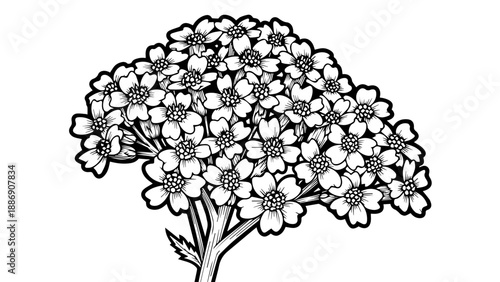 Black and white illustration of a detailed floral arrangement with symmetrical petals and slender stems