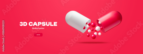 Background with realistic 3d capsule. Medical, pharmacy, healthcare, hospital, clinic, telemedicine, insurance, biotechnology concept. Vector illustration.