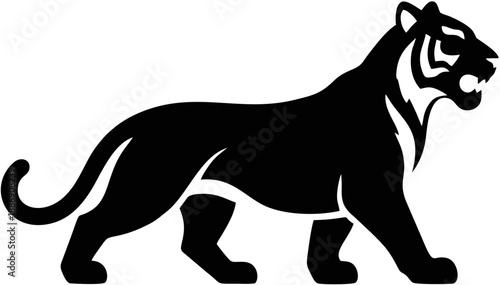 Black silhouette of tiger walking.