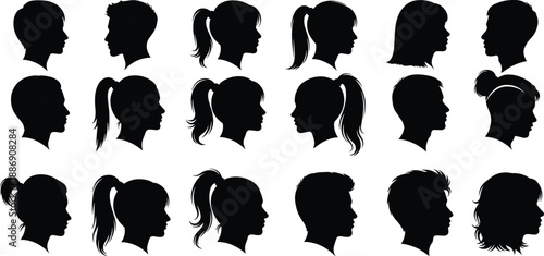 Collection of Diverse Human Head Profile Silhouettes Featuring Various Hairstyles and Facial Contours of Men and Women Isolated on a White Background