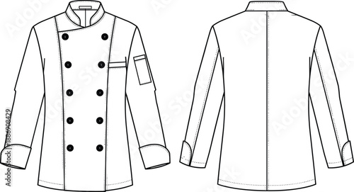 Chef jacket technical drawing, front and back view uniform illustration, professional kitchen apparel design, restaurant clothing outline vector template