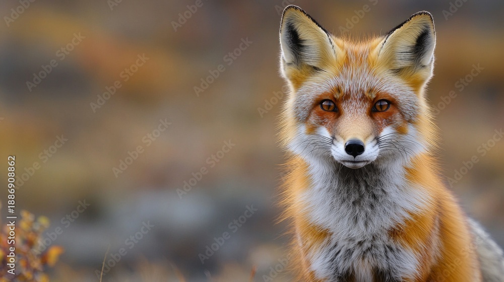 Fototapeta premium An adult red fox with a curious gaze against a natural backdrop will emphasise the naturalness and harmony of environmental projects.