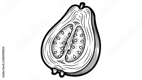 Black and white illustration of a halved passion fruit with visible seeds and pulp