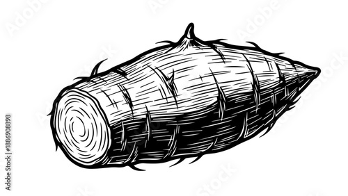 Tightly rolled fabric with frayed edges in high-contrast black and white illustration