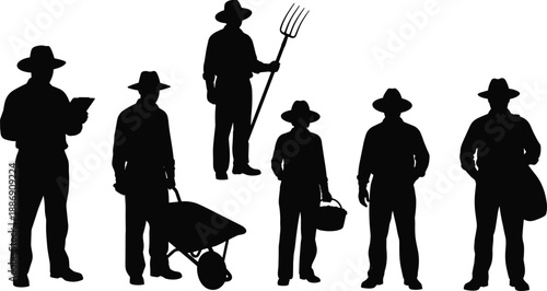 Collection of Farmer and Gardener Silhouettes Holding Tools Like Pitchfork Wheelbarrow and Harvest Baskets Isolated on a White Background for Agricultural Design