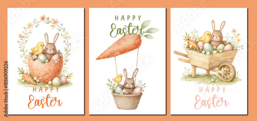 HAPPY EASTER SET OF WATERCOLOR GREETING CARDS WITH SPRING ANIMALS