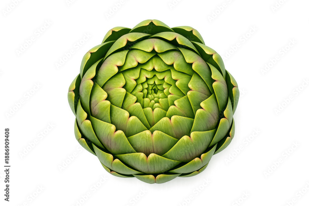 Obraz premium Close-up overhead view of a vibrant green artichoke with intricate layered petals against a black background