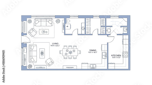 Detailed architectural floor plan of a modern apartment layout showing living, dining, and kitchen areas with furniture.