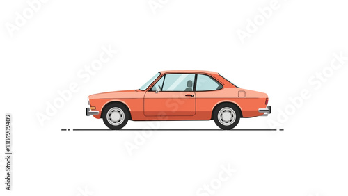 A side profile illustration of a classic orange two-door coupe car with chrome bumpers and white wheels on a white background.