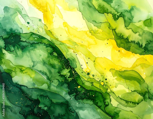 Abstract flowing watercolor painting of yellows and greens with organic-like shapes