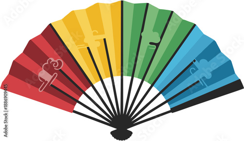 Colorful fan with black ribs.