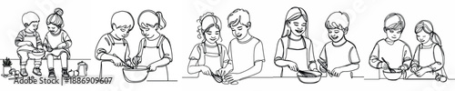 line art of a children cooking together in the kitchen