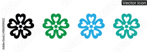 Vibrant heart shaped flower icons in black green blue teal colors for design