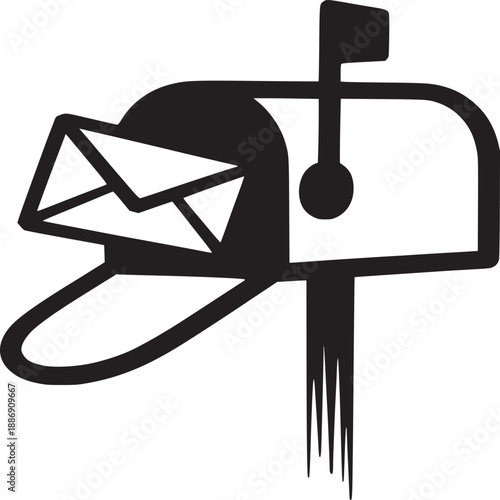 A black and white illustration of a mailbox with a letter sticking out and a raised flag design