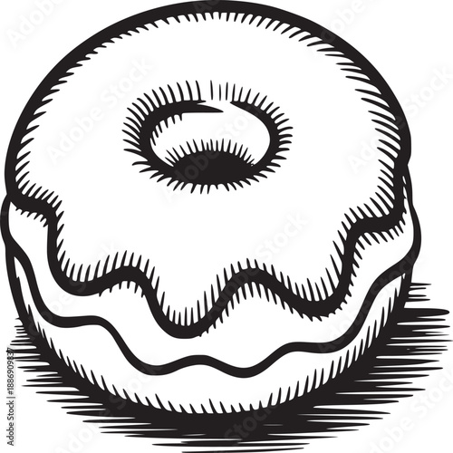 A hand drawn donut with icing and a hole in the center on a white background illustration style