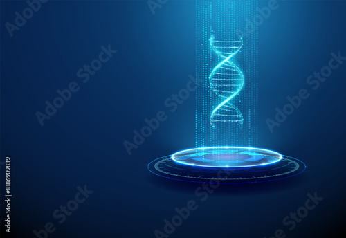 3d dna helix on futuristic podium in flowing data stream. Genetic research, medical data storage, ai medicine, genome analysis, advanced diagnostics concept.