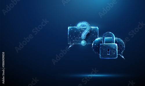 Speech bubbles with a question mark and a lock icon. Secure inquiry, protected communication, privacy awareness, encrypted messaging, cybersecurity concept