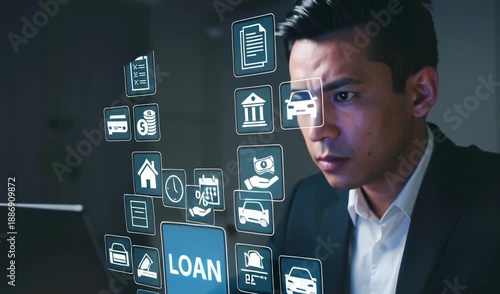 Wallpaper Mural Businessman in suit browsing loan options on laptop with financial icons floating above screen in video Torontodigital.ca