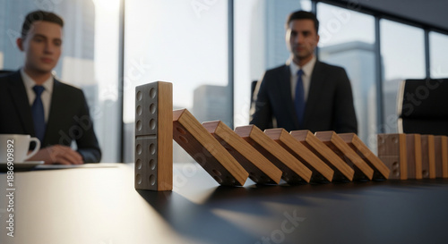 Domino Effect: Two sharp-dressed professionals watch as a line of dominoes begins to fall, symbolizing strategic risk and decisions. It is in an office setting. 