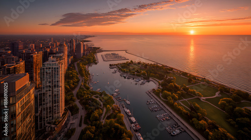 Sunset cityscape with waterfront and boats