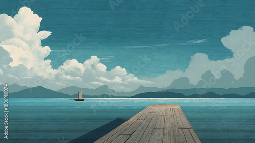 Wooden dock extending to sailboat on calm sea