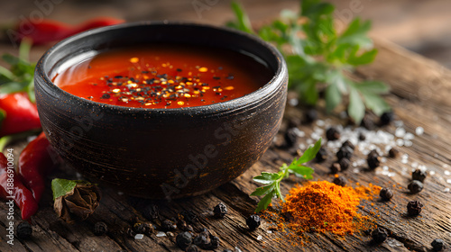 Spicy sauce in bowl with herbs and spices
