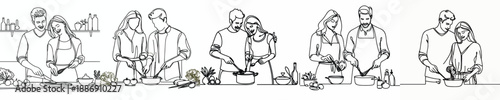 line art of a couple cooking together in the kitchen