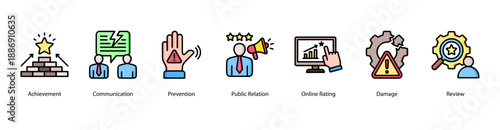 Communication and Achievement web banner icon vector illustration featuring Achievement, Communication, Prevention, Public Relation, Online Rating, and Damage.