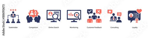 Stakeholder and Review Dynamics web banner icon vector illustration featuring Review, Stakeholder, Comparison, Online Search, Monitoring, Customer Feedback, and Consulting.