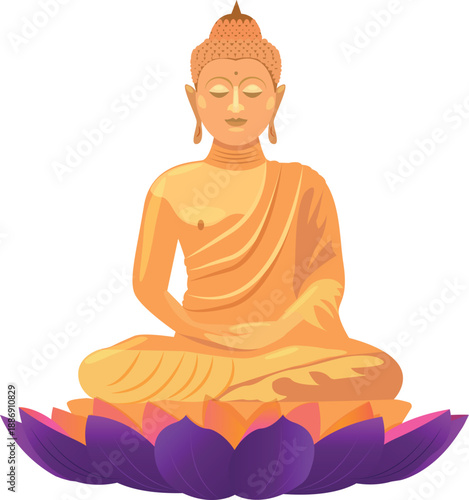 Golden Buddha on Lotus Flower, Bright Vector Illustration, Buddhist Meditation and Songkran Festival Concept