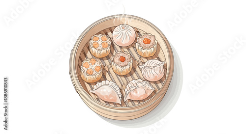 Asian Dim Sum in Bamboo Steamer Top View, Traditional Chinese Food Vector Illustration on White Background