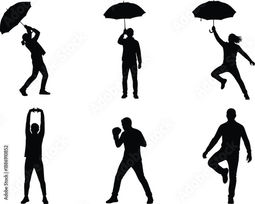 Collection of people silhouettes performing various activities including jumping with umbrellas boxing and stretching exercises isolated on white background for design