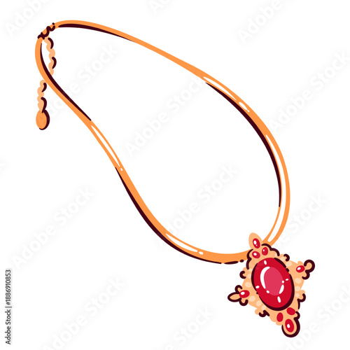 Gold necklace with ruby pendant. Oval red gemstone in ornate frame, glossy chain, smooth curves, bold outlines. Statement jewelry accessory for fashion and bridal, cartoon vector illustration