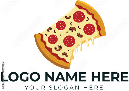 Diagonal pizza slice logo vector with pepperoni, mushrooms, and dripping cheese for fast food branding