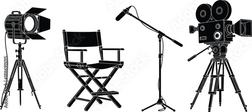 Collection of Professional Film Production Equipment Silhouettes Including Movie Camera Director Chair Studio Light and Boom Microphone Isolated on White Background