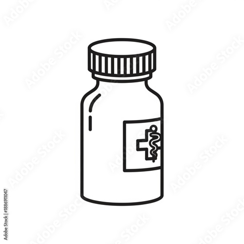 Black and white line drawing of a medicine bottle with a medical symbol
