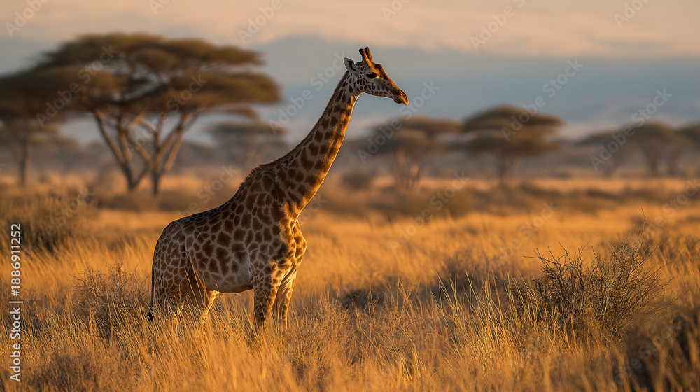 Obraz premium giraffe walking in the savannah look for food