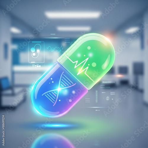 Glowing capsule with dna and heartbeat lines in a futuristic laboratory setting with blue and green colors