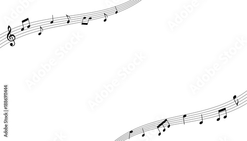 Elegant Black and White Music Background with Flowing Staff Lines and Notes
