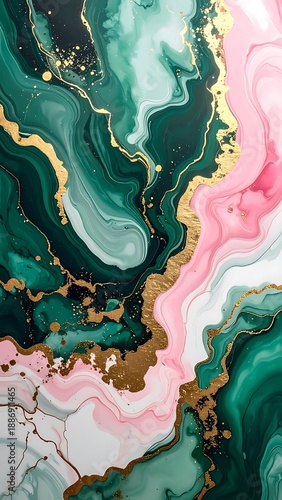 Abstract fluid art featuring swirling green, pink, and white hues highlighted with gold veining, resembling marble texture