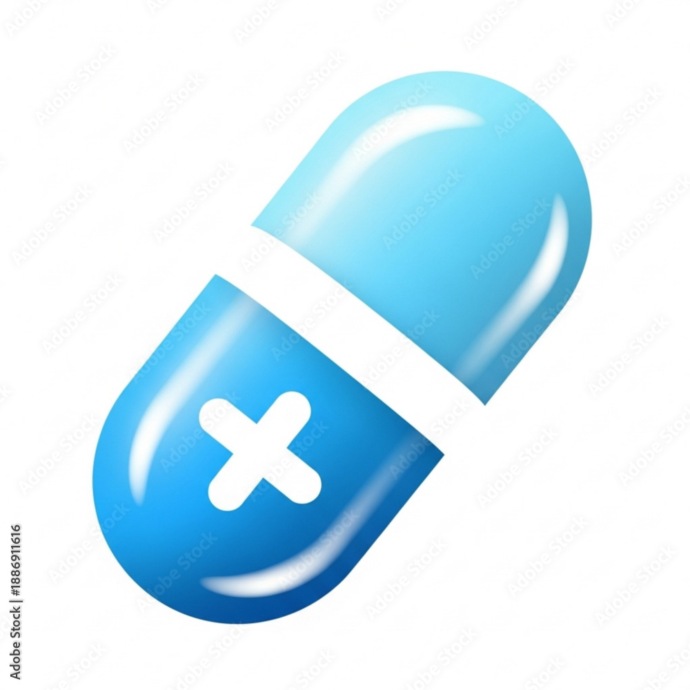 Obraz premium Blue pill capsule icon with white cross symbol