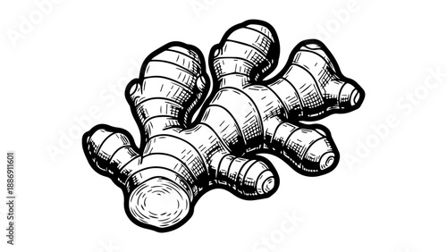 Black and white illustration of a ginger root with elongated finger-like projections