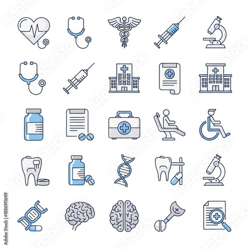 Medical icons set including healthcare symbols and equipment for hospital or clinic use