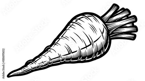 Black and white illustration of a single carrot with leafy green stems